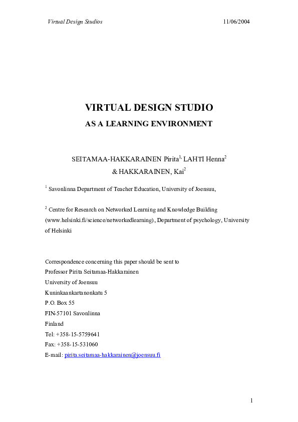 (PDF) Virtual Design Studio as Learning Environment.