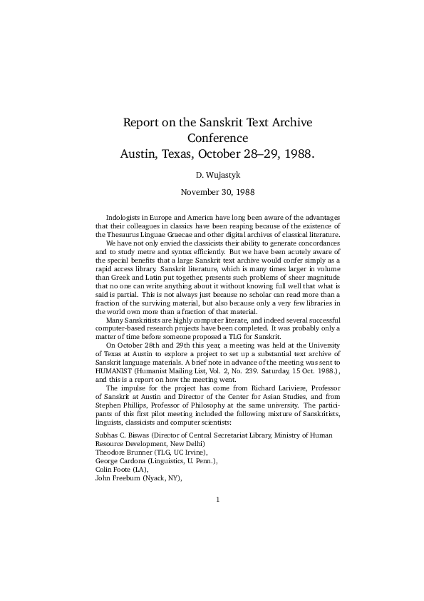 First page of “Report on the Sanskrit Text Archive Conference Austin, Texas, October 28–29, 1988”