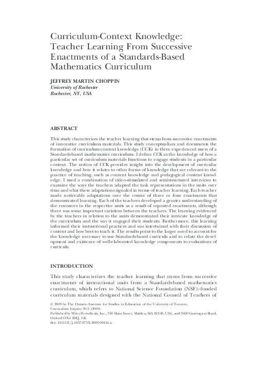 (PDF) Curriculumcontext knowledge Teacher learning from successive