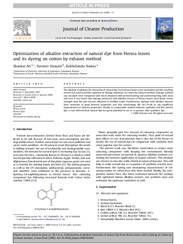 (PDF) Optimization of Alkaline Extraction of Natural Dye From Henna ...