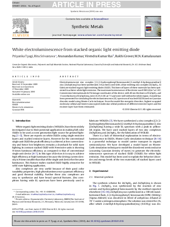 (PDF) White Electroluminescence from Stacked Organic Light Emitting Diode