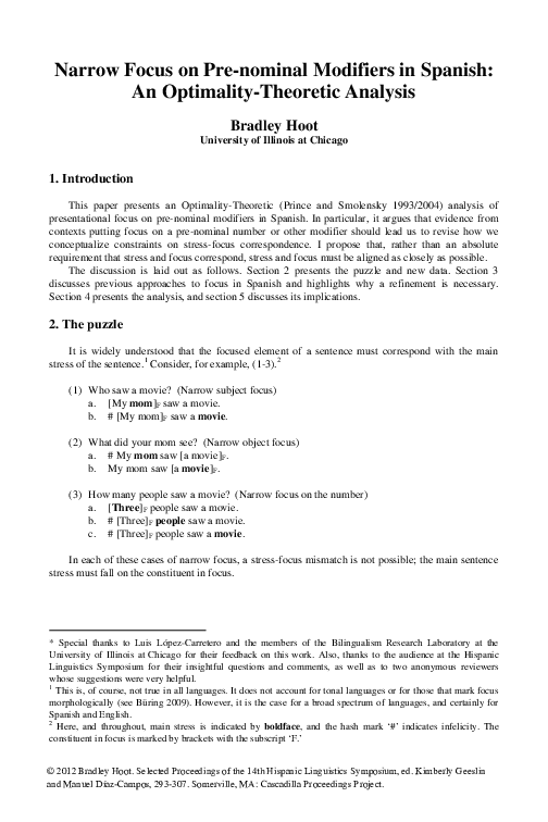 (PDF) Narrow Focus on Pre-nominal Modifiers in Spanish: An Optimality ...