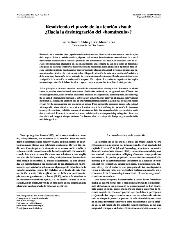 (PDF) Solving the Puzzle of visual attention: towards the «homunculus ...