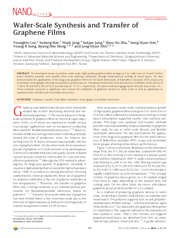 (PDF) Wafer-scale synthesis and transfer of graphene films