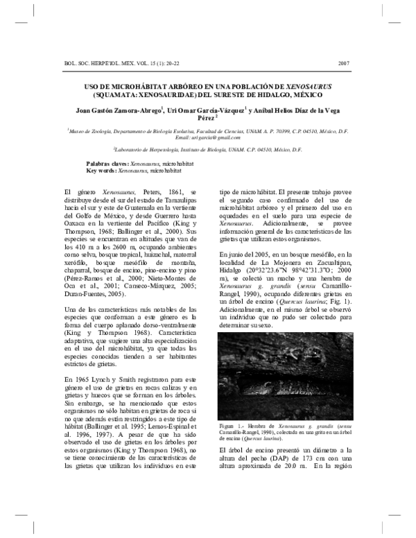 (PDF) Uso de microhábitat arbóreo en una población de Xenosaurus ...