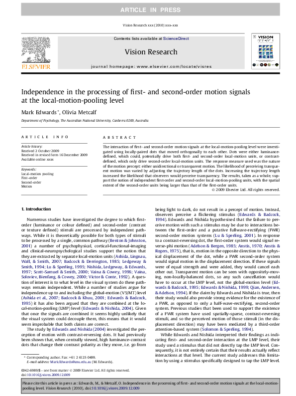 (PDF) Independence in the processing of first-and second-order motion ...