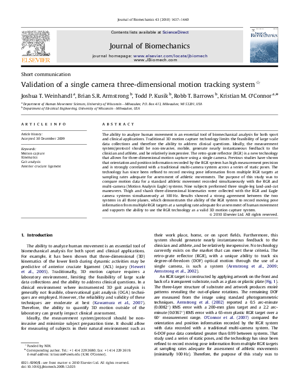 (PDF) Validation of a single camera three-dimensional motion tracking ...
