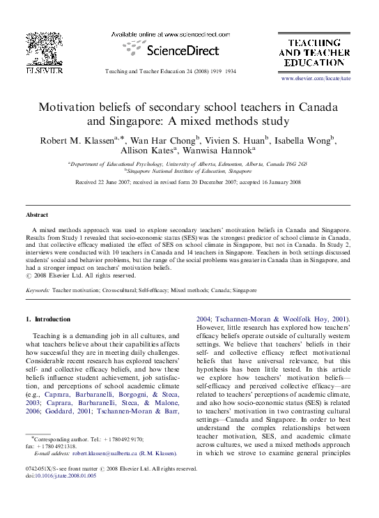 (PDF) Motivation beliefs of secondary school teachers in Canada and ...