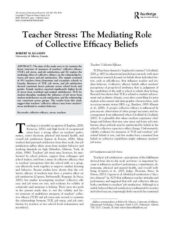 (PDF) Teacher stress: The mediating role of collective efficacy beliefs