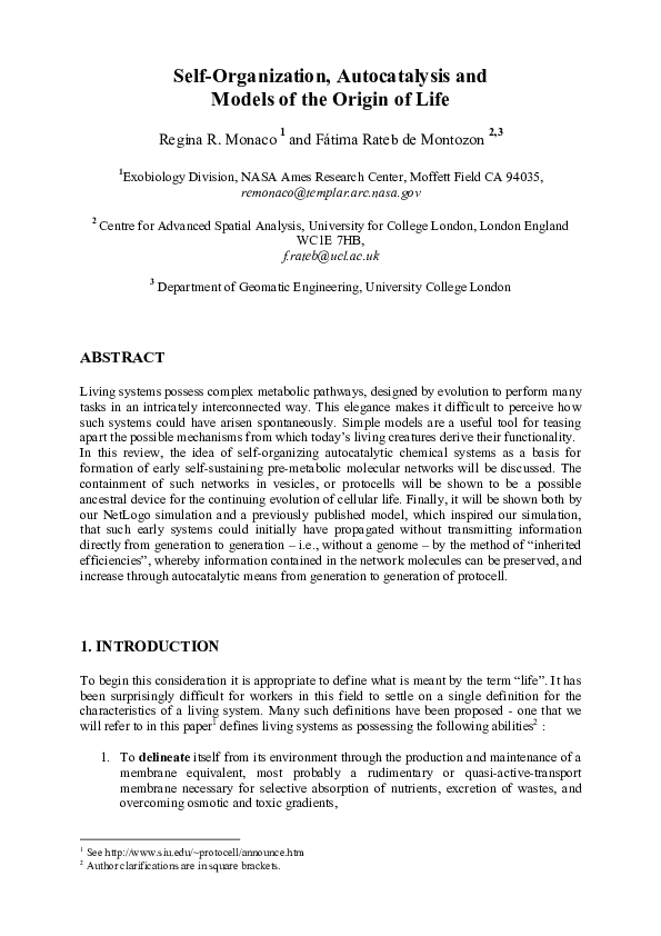 (PDF) Self-Organization, Autocatalysis and Models of the Origin of Life