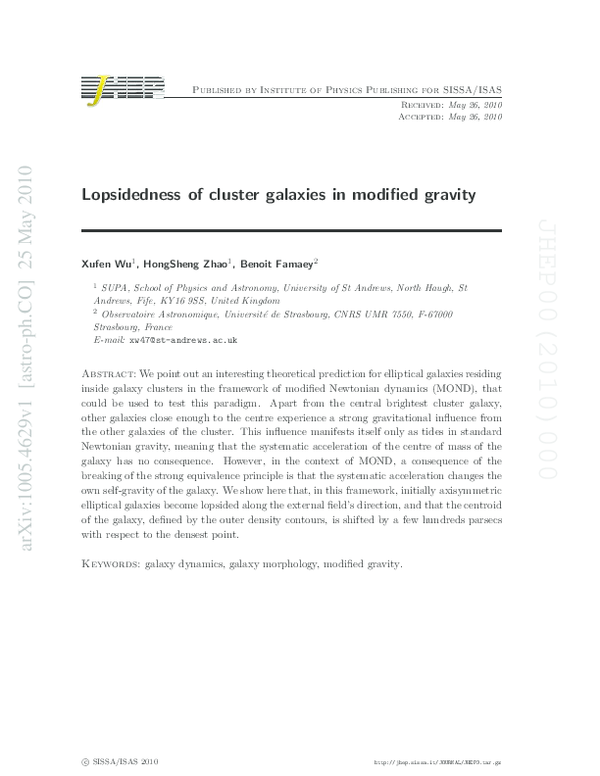 (PDF) Lopsidedness of Cluster Galaxies In Modified Gravity