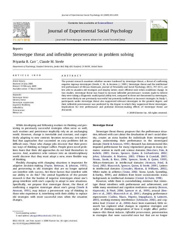 (PDF) Stereotype Threat and Inflexible Perseverance in Problem Solving