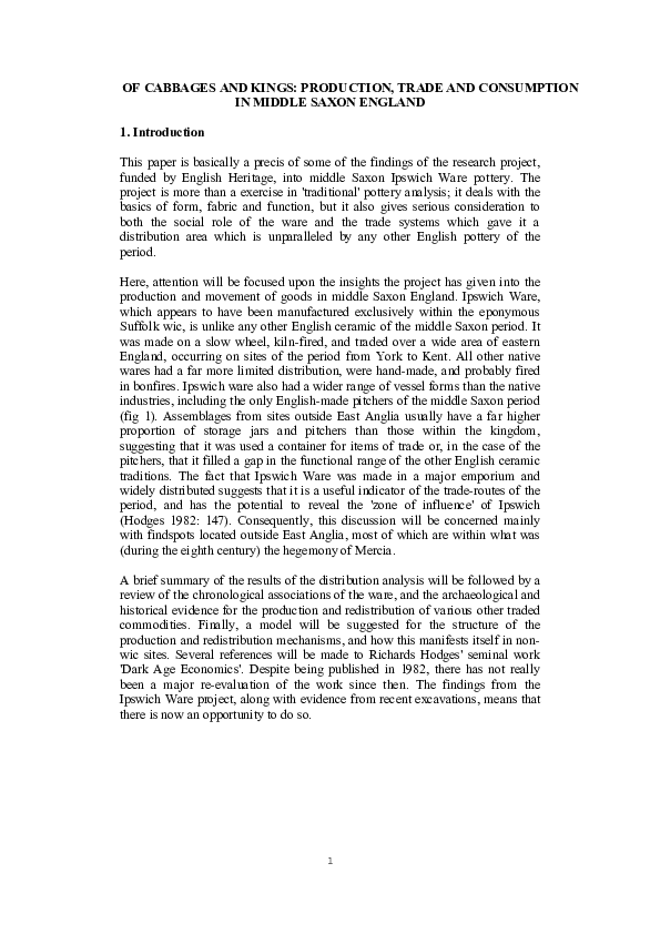 OF CABBAGES AND KINGS: PRODUCTION, TRADE AND CONSUMPTION IN MIDDLE SAXON ENGLAND