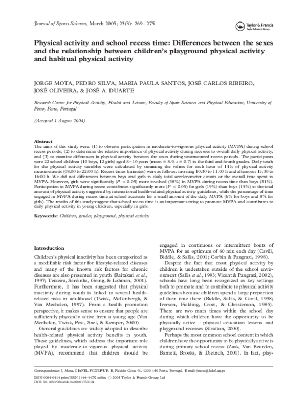 (PDF) Physical Activity and School Recess Time: Differences Between the ...
