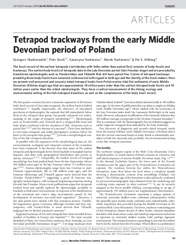 First page of “Tetrapod Trackways From the Early Middle Devonian Period of Poland”