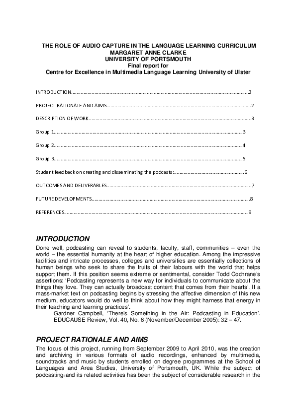 (PDF) Final report on project 'The Role of Audio Capture in the ...