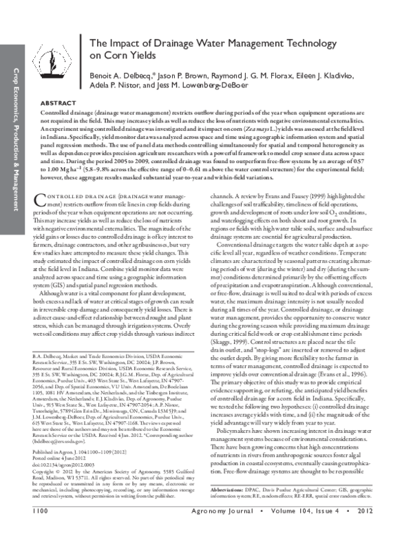 (PDF) The Impact of Drainage Water Management Technology on Corn Yields