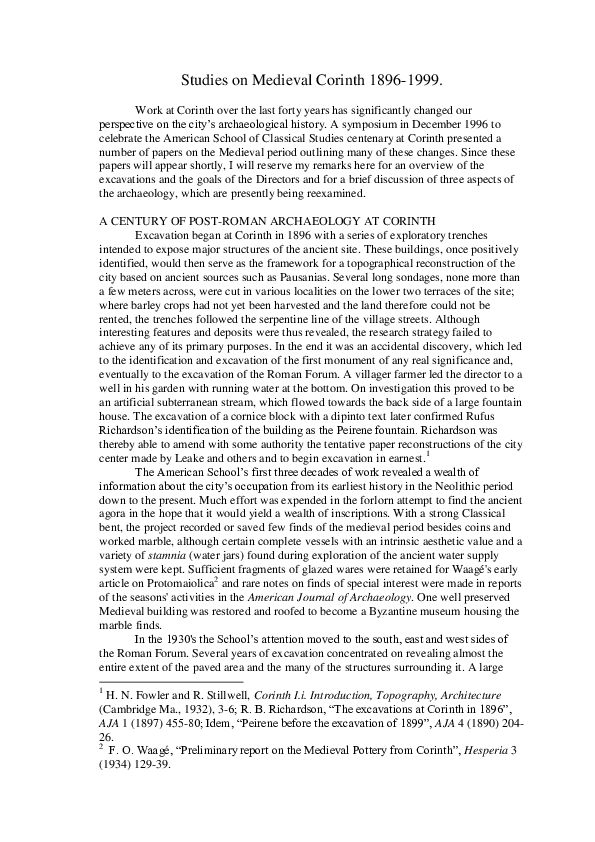 Studies on Medieval Corinth 1896-1999.
