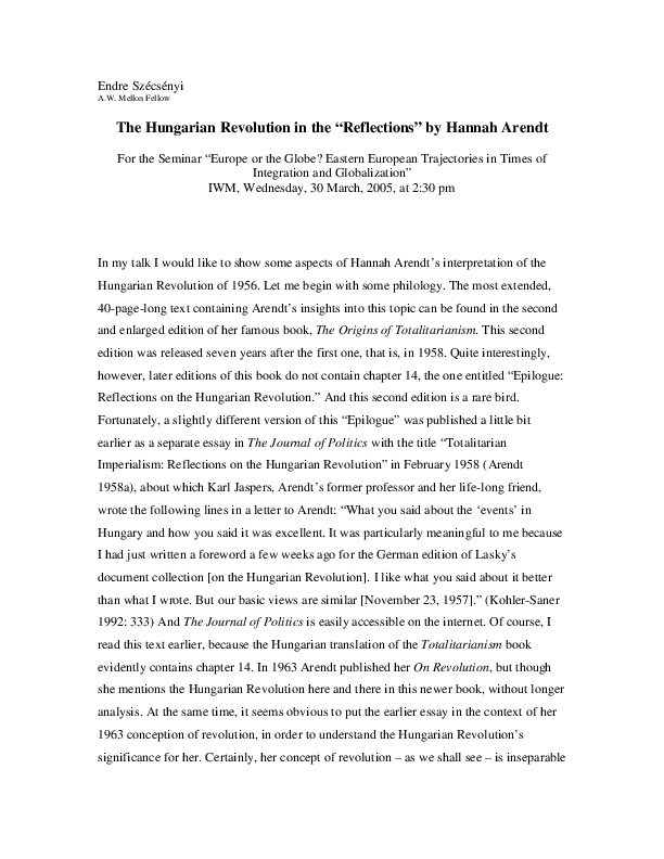 First page of “"The Hungarian Revolution in the 'Reflections' by Hannah Arendt", in IWM on 30 March 2005”