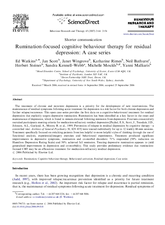 (PDF) RuminationFocused Cognitive Behaviour Therapy for Residual