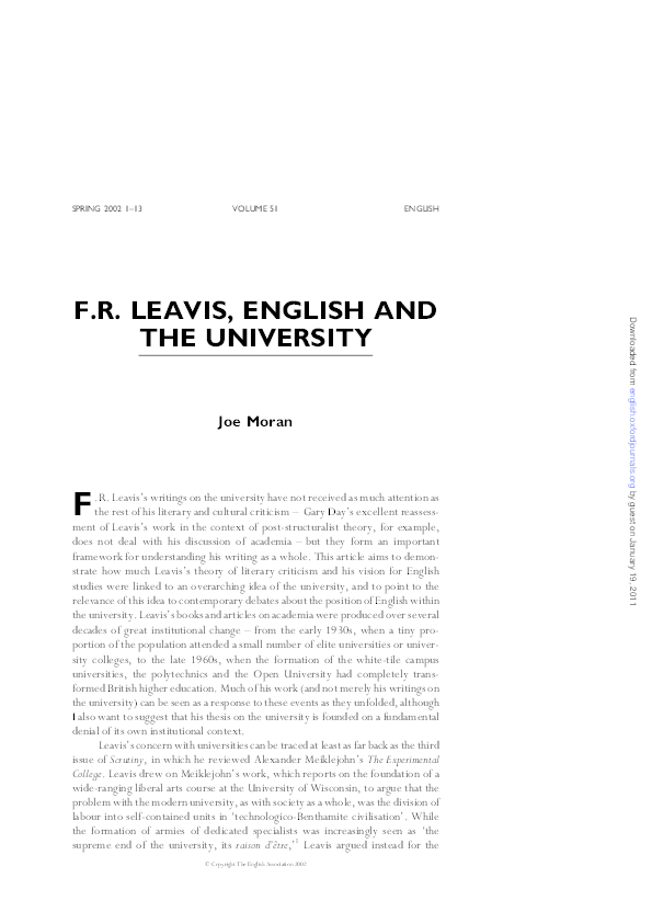 (PDF) FR Leavis, English and the University