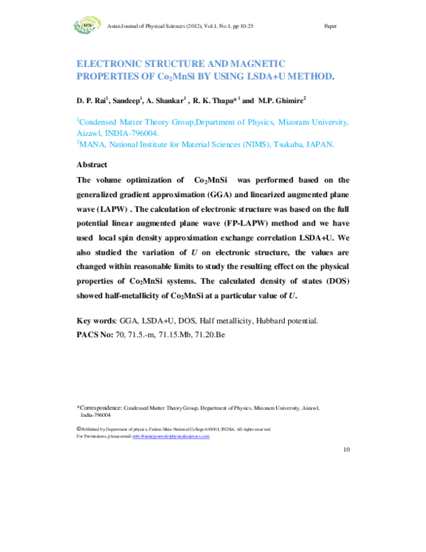 (PDF) ELECTRONIC STRUCTURE AND MAGNETIC PROPERTIES OF Co2MnSi BY USING ...