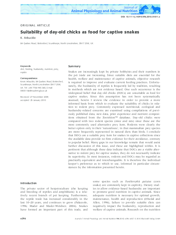 View of (PDF) Suitability of day-old chicks as food for captive snakes