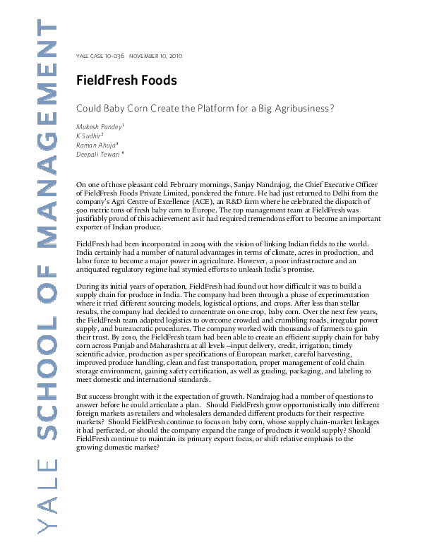 (PDF) FieldFresh Foods Could Baby Corn Create the Platform for a Big