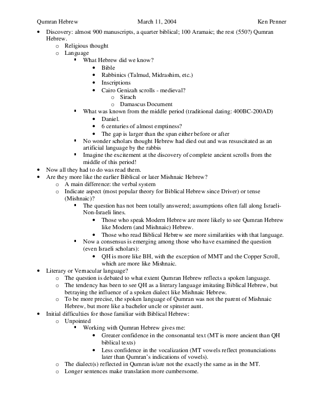 First page of “Qumran Hebrew compared to Biblical Hebrew”