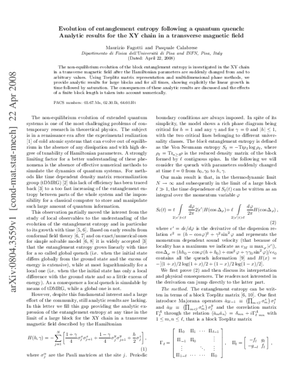 (PDF) Evolution of entanglement entropy following a quantum quench ...