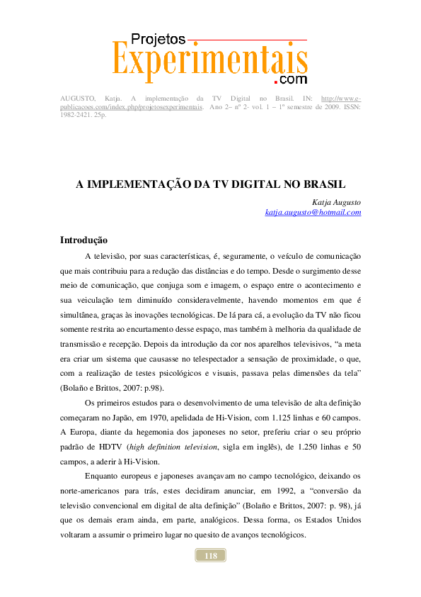 (PDF) A IMPLEMENTAÇÃO DA TV DIGITAL NO BRASIL
