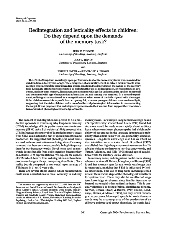 (PDF) Redintegration and Lexicality Effects In Children: Do They Depend ...