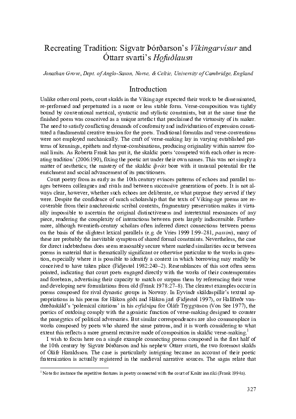 (PDF) Recreating Tradition Sigvatr Þórðarson’s Víkingarvísur and