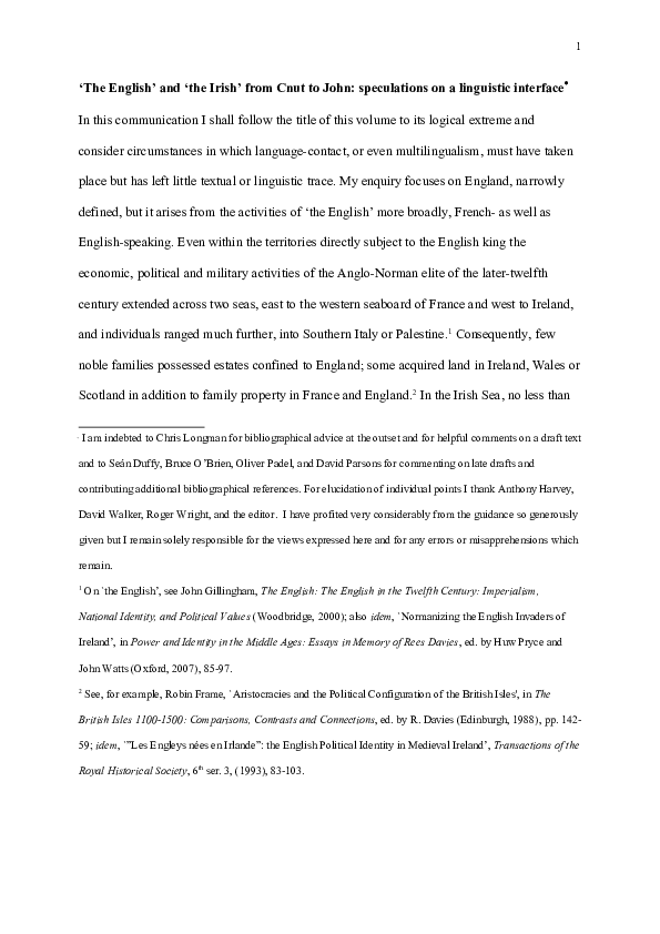`"The English" and "the Irish" from Cnut to John: speculations on a linguistic interface'