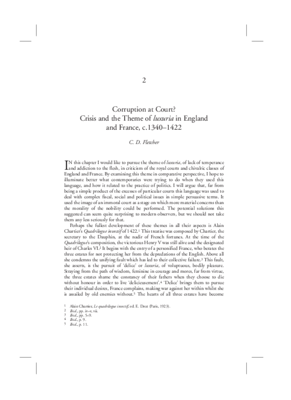 Corruption at Court? Crisis and the theme of Luxuria in England and France, c. 1340-1422