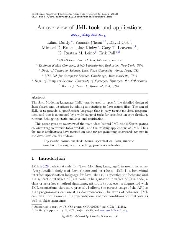 (PDF) An Overview of JML Tools and Applications