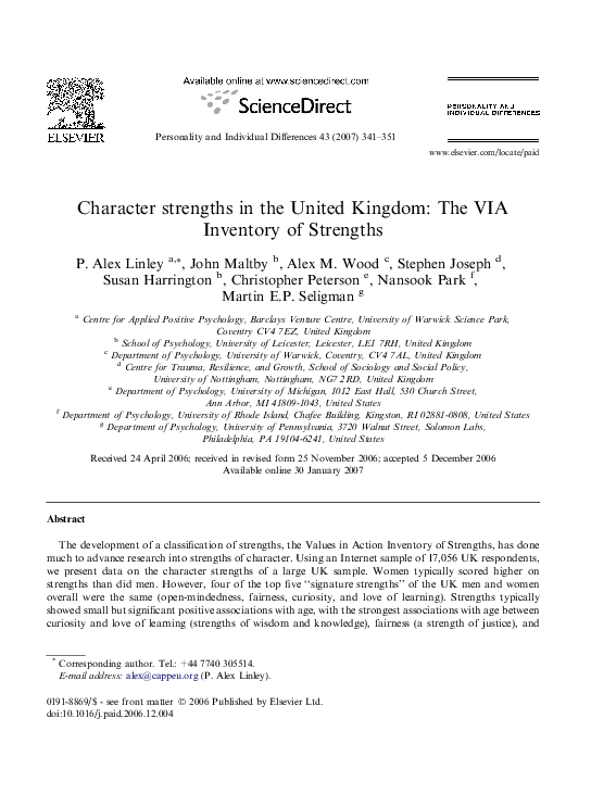 (PDF) Character strengths in the United Kingdom: The VIA Inventory of ...
