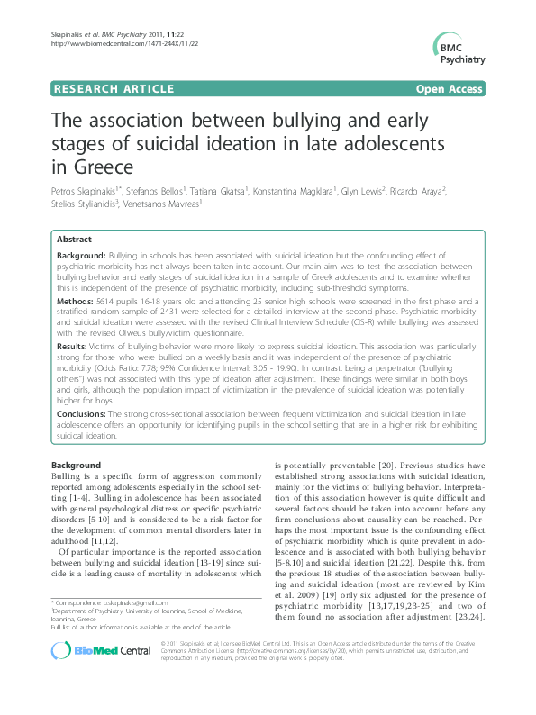(PDF) The Association Between Bullying and Early Stages of Suicidal ...