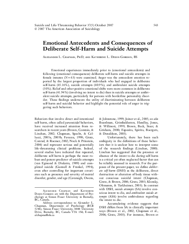 (PDF) Emotional Antecedents and Consequences of Deliberate Self-Harm ...