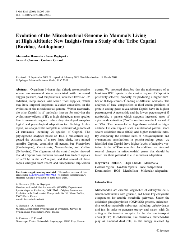 (PDF) Evolution of the Mitochondrial Genome In Mammals Living at High ...