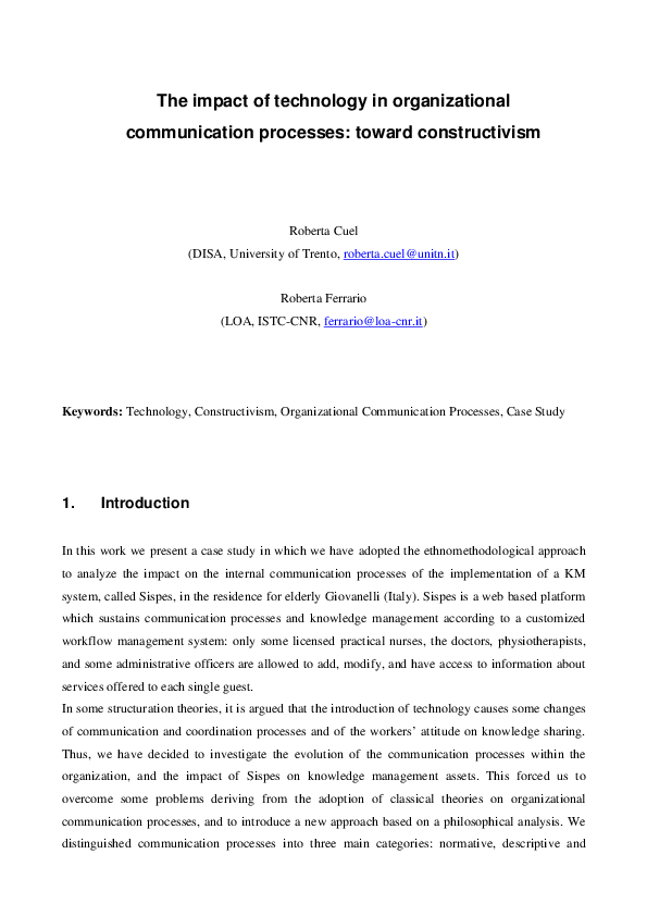 Pdf The Impact Of Technology In Organizational Communication Processes Toward Constructivism Roberta Ferrario Academia Edu