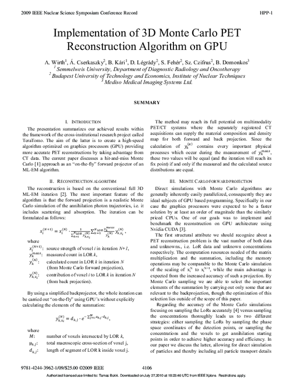 (PDF) Implementation of 3D Monte Carlo PET reconstruction algorithm on GPU