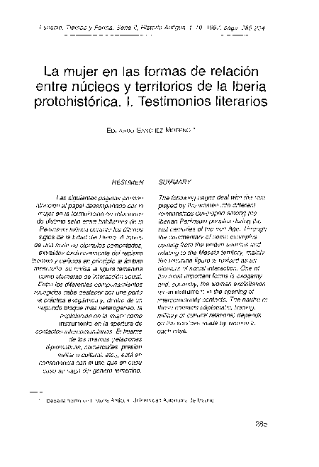 “La mujer en las formas de relación entre núcleos y territorios de la Iberia protohistórica. I- Testimonios literarios”. Espacio, Tiempo y Forma. Serie II: Historia Antigua, 10, 1997, pp.285-294.