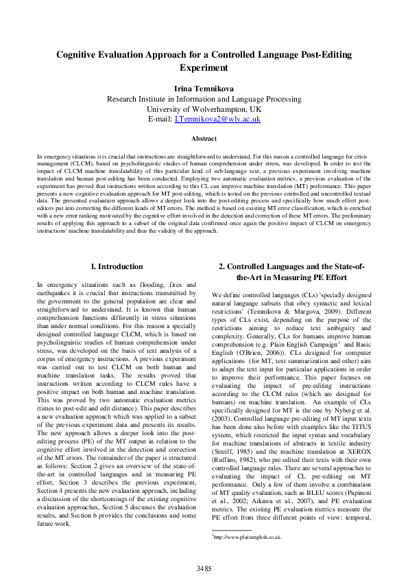 (PDF) Cognitive Evaluation Approach for a Controlled Language Post ...