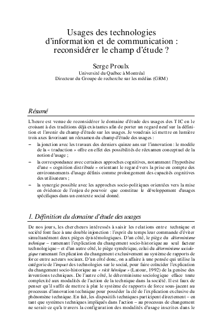 Pdf Usages Des Technologies D Information Et De Communication Reconsiderer Le Champ D Etude Serge Proulx Academia Edu