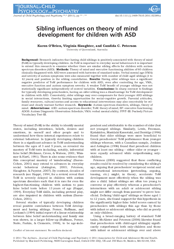 (PDF) Sibling influences on theory of mind development for children ...