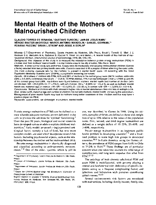 (PDF) Mental Health Of The Mothers Of Malnourished Children