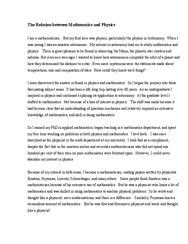(DOC) The Relation between Mathematics and Physics Benjamin Plybon