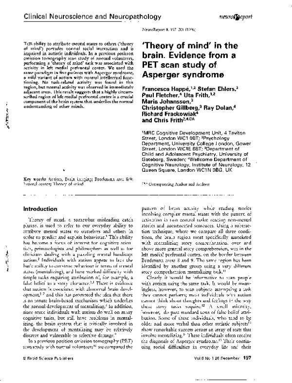 (PDF) Theory of mind'in the brain. Evidence from a PET scan study of ...