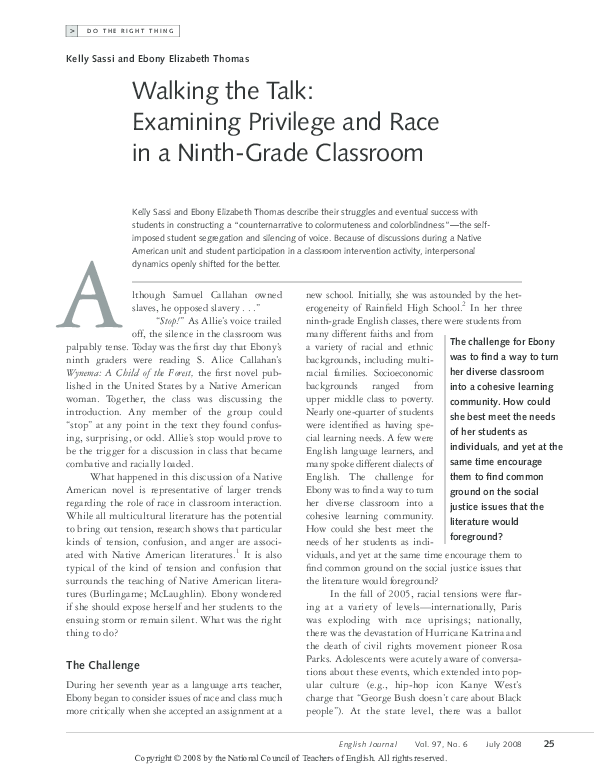 (PDF) Walking the Talk: Examining Privilege and Race in a Ninth-Grade ...